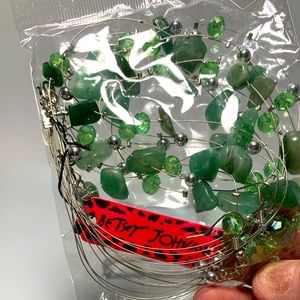 Betsey Johnson Necklace Earrings Green Crystals Beads Silver Wire 3 Strands